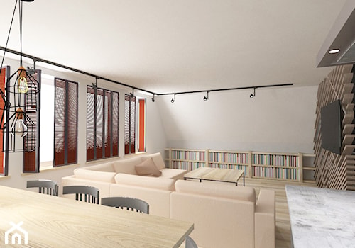 Mieszkanie na poddaszu - projekt - Mały szary salon z jadalnią, styl nowoczesny - zdjęcie od Barbara Pawelczyk