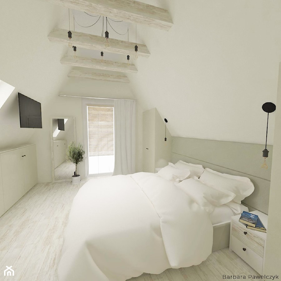 Mieszkanie na poddaszu - projekt - Średnia beżowa sypialnia na poddaszu, styl skandynawski - zdjęcie od Barbara Pawelczyk