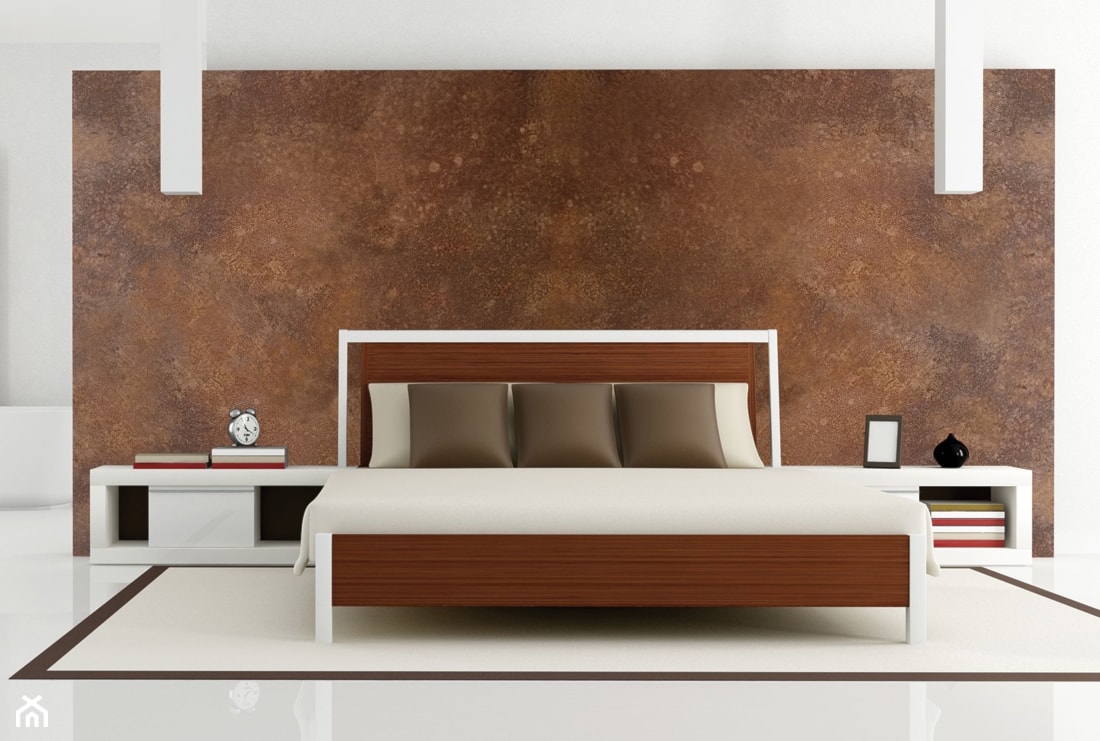 sypialnia w stylu industrialnym, rdza kortenowska na ścianie