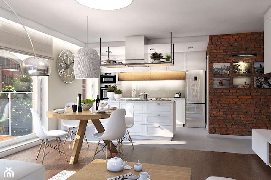 Mieszkanie Chmielna Park Gdańsk - Średnia biała brązowa jadalnia w salonie, styl rustykalny - zdjęcie od Inka Studio