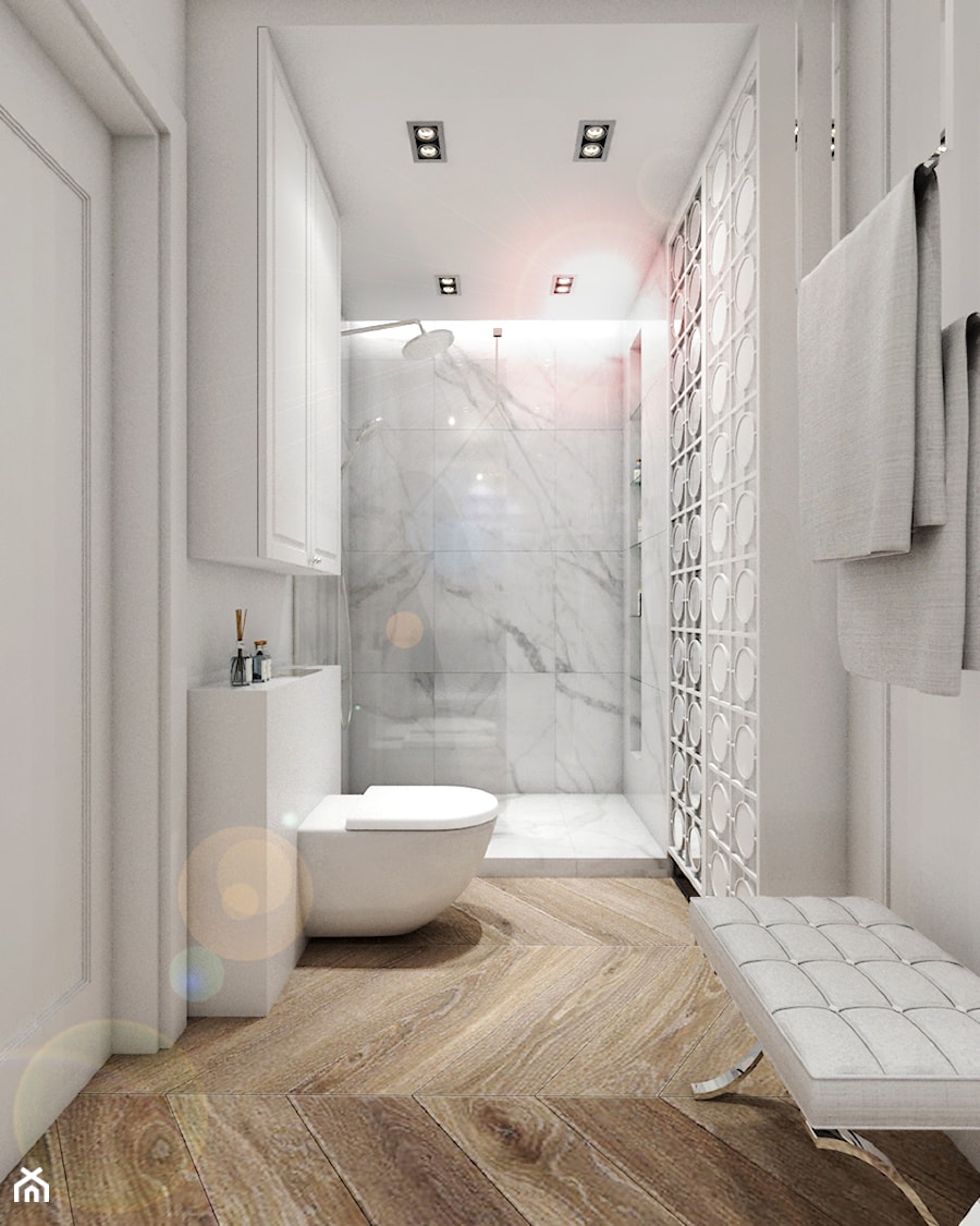 Nowoczesne mieszkanie w starym bloku- to możliwe - Średnia bez okna jako pokój kąpielowy z punktowym oświetleniem łazienka, styl glamour - zdjęcie od Inka Studio