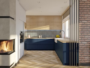 Dom Banino - Średnia otwarta z salonem biała niebieska kuchnia w kształcie litery u z oknem, styl n ... - zdjęcie od Inka Studio