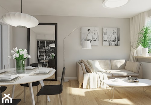 Mieszkanie w bloku Gdynia - Mały biały salon z jadalnią, styl skandynawski - zdjęcie od Inka Studio