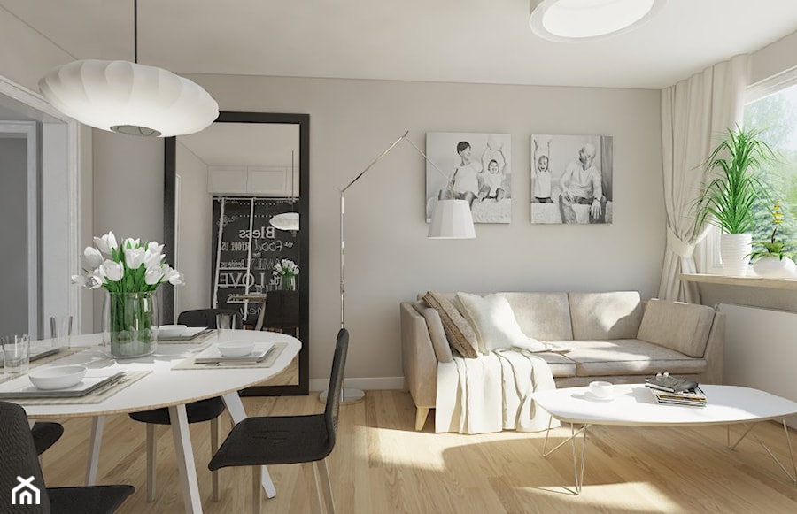 Mieszkanie w bloku Gdynia - Mały biały salon z jadalnią, styl skandynawski - zdjęcie od Inka Studio