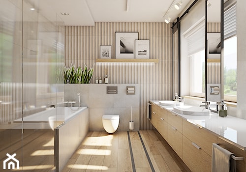 Dom Banino - Średnia z lustrem z dwoma umywalkami z punktowym oświetleniem łazienka z oknem, styl n ... - zdjęcie od Inka Studio