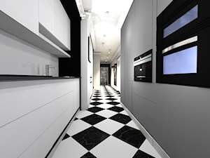 mieszkanie w Warszawie - Średnia otwarta z kamiennym blatem czarna szara z zabudowaną lodówką kuchnia dwurzędowa, styl glamour - zdjęcie od architekt wnętrz Monika Kilińska