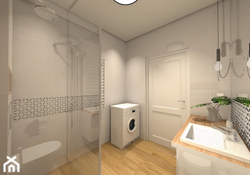 biała łazienka z drewnem - zdjęcie od Projektowanie Wnętrz Katarzyna Kapuscinska
