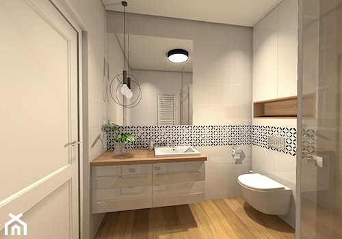 biała łazienka z drewnem - zdjęcie od Projektowanie Wnętrz Katarzyna Kapuscinska