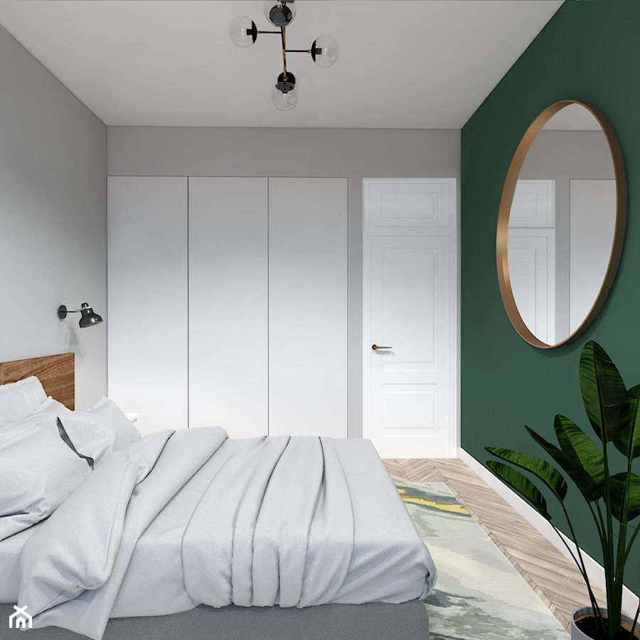 Piaskowe lastryko - Średnia szara zielona sypialnia - zdjęcie od Isla Interiors
