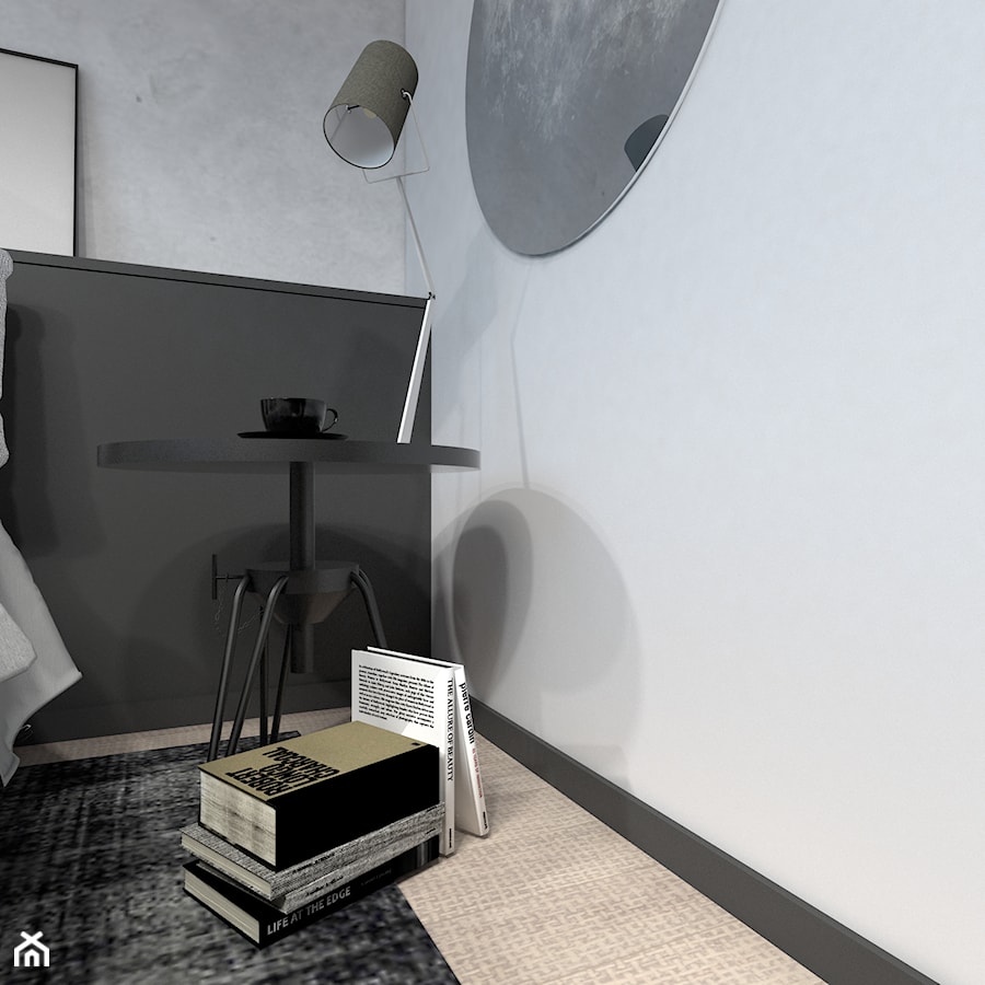 Nastrojowa sypialnia - Mała czarna szara sypialnia, styl nowoczesny - zdjęcie od Isla Interiors