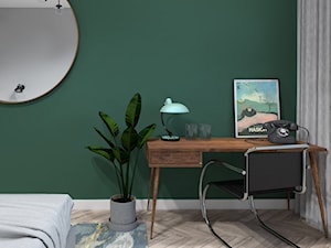 Piaskowe lastryko - Średnia zielona z biurkiem sypialnia - zdjęcie od Isla Interiors