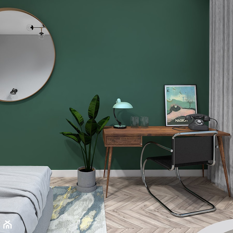 Piaskowe lastryko - Średnia zielona z biurkiem sypialnia - zdjęcie od Isla Interiors
