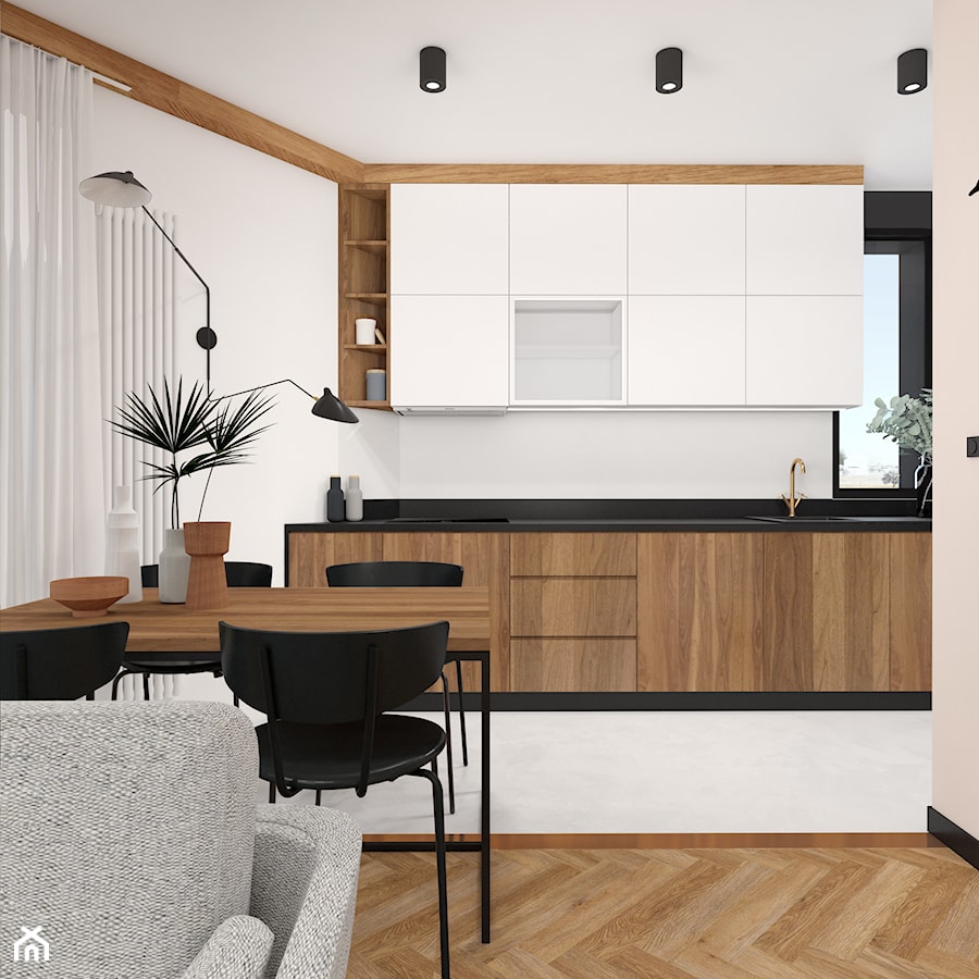 M4 Wilanów - Średnia otwarta z salonem z kamiennym blatem biała czarna z zabudowaną lodówką z nablatowym zlewozmywakiem kuchnia jednorzędowa z oknem z kompozytem na ścianie nad blatem kuchennym, styl skandynawski - zdjęcie od Isla Interiors