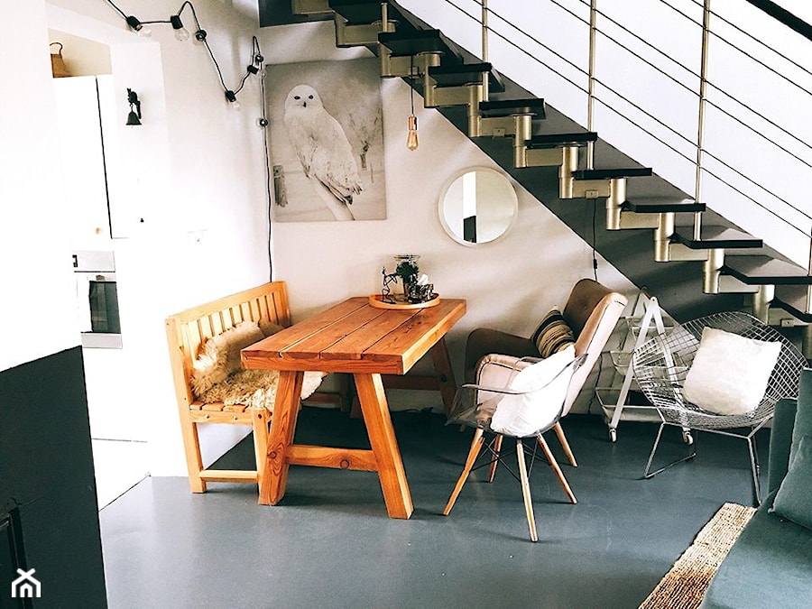 mój dom - Mały biały salon z kuchnią z jadalnią, styl skandynawski - zdjęcie od Ha Pia