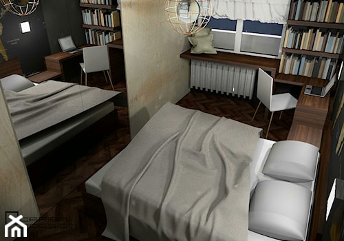 Projekt wnętrza mieszkania w poznańskim bloku - Mała żółta z biurkiem sypialnia, styl tradycyjny - zdjęcie od Darien Design