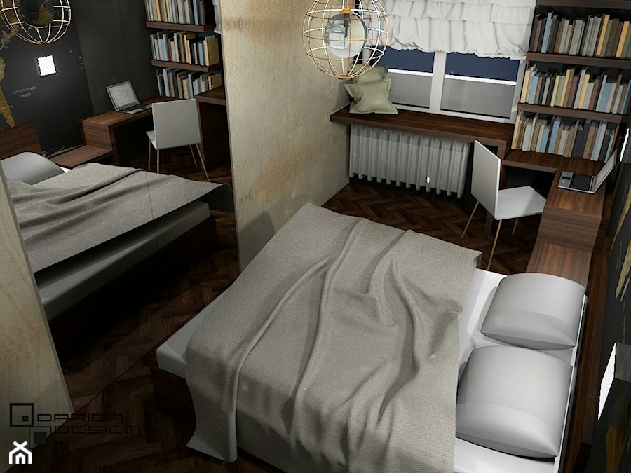 Projekt wnętrza mieszkania w poznańskim bloku - Mała żółta z biurkiem sypialnia, styl tradycyjny - zdjęcie od Darien Design