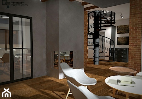 Projekt wnętrza domu jednorodzinnego - Średni szary salon z jadalnią, styl industrialny - zdjęcie od Darien Design