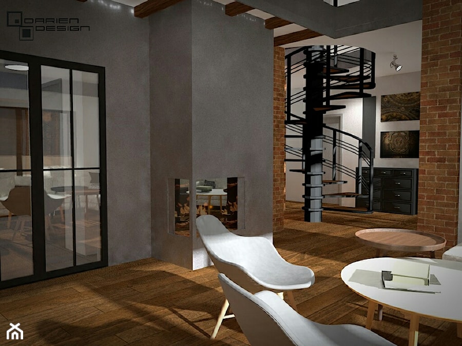 Projekt wnętrza domu jednorodzinnego - Średni szary salon z jadalnią, styl industrialny - zdjęcie od Darien Design