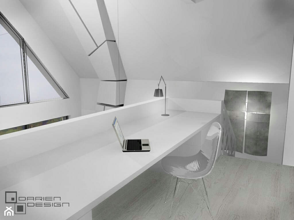 Projekt wnętrza domu jednorodzinnego z poddaszem użytkowym - Biuro, styl minimalistyczny - zdjęcie od Darien Design - Homebook