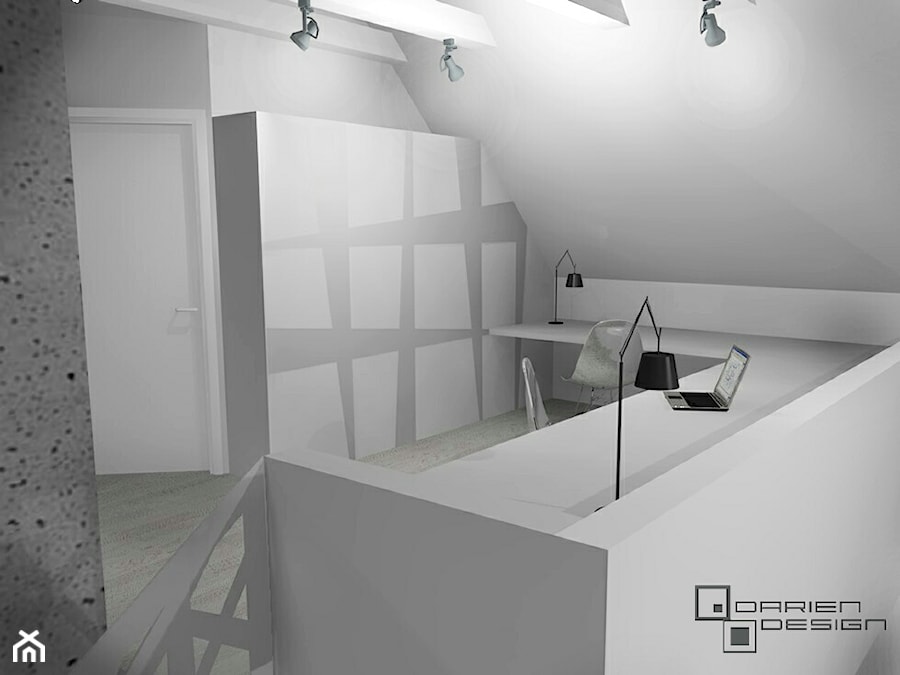 Projekt wnętrza domu jednorodzinnego z poddaszem użytkowym - Biuro, styl minimalistyczny - zdjęcie od Darien Design