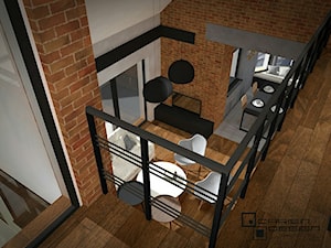 Projekt wnętrza domu jednorodzinnego - Średni czarny salon z jadalnią z antresolą, styl industrialny - zdjęcie od Darien Design