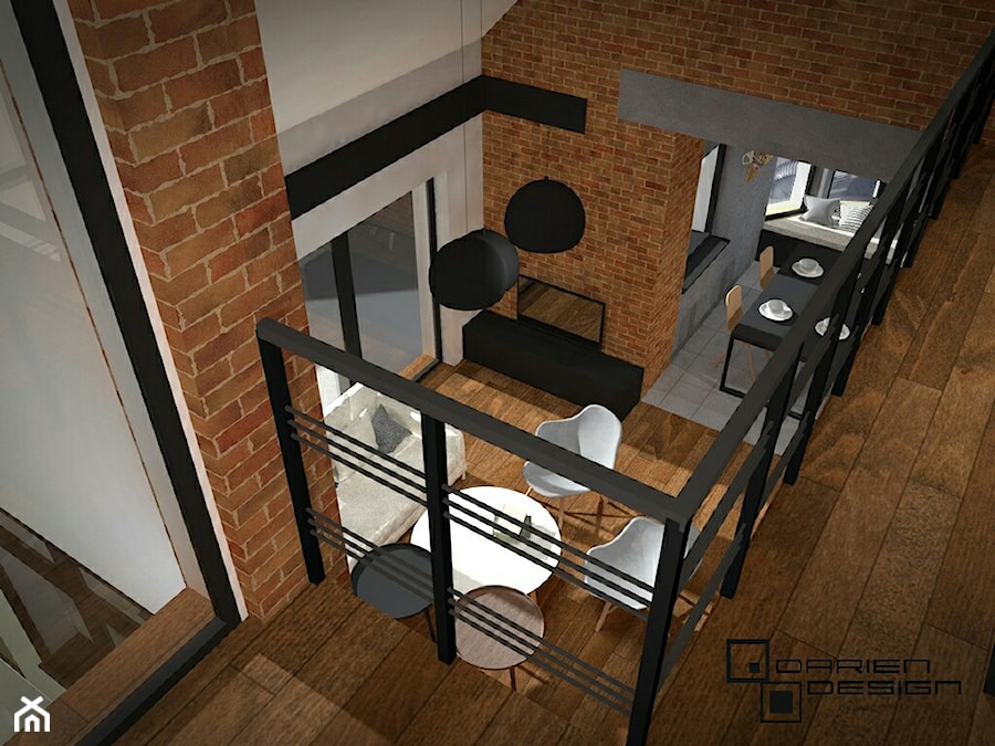 Projekt wnętrza domu jednorodzinnego - Średni czarny salon z jadalnią z antresolą, styl industrialny - zdjęcie od Darien Design