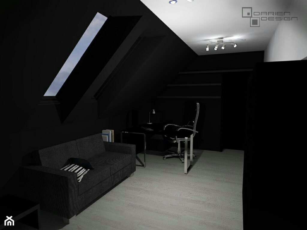 Projekt wnętrza domu jednorodzinnego z poddaszem użytkowym - Średnie z sofą białe czarne biuro, sty ... - zdjęcie od Darien Design - Homebook