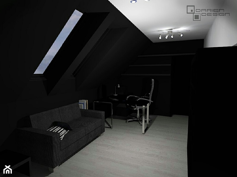 Projekt wnętrza domu jednorodzinnego z poddaszem użytkowym - Średnie z sofą białe czarne biuro, styl minimalistyczny - zdjęcie od Darien Design