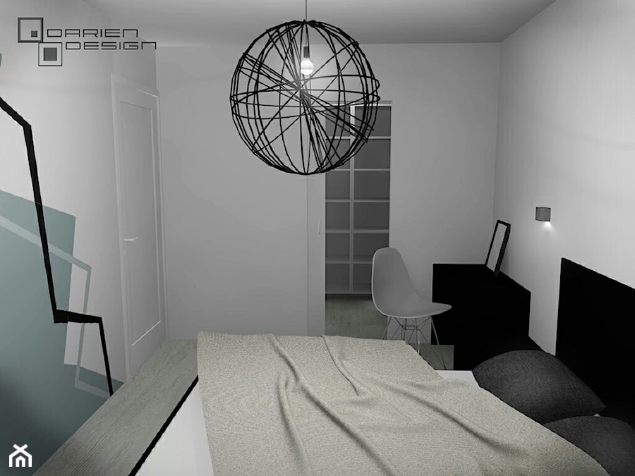 Projekt wnętrza domu jednorodzinnego z poddaszem użytkowym - Mała szara z biurkiem sypialnia, styl minimalistyczny - zdjęcie od Darien Design