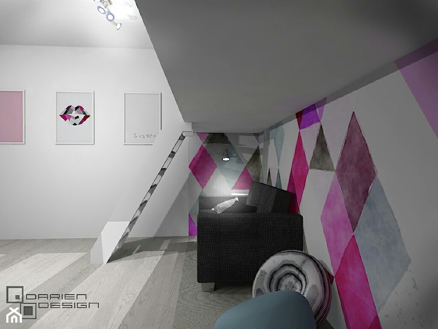 Projekt wnętrza domu jednorodzinnego z poddaszem użytkowym - Średni biały różowy szary pokój dziecka dla nastolatka dla dziewczynki, styl minimalistyczny - zdjęcie od Darien Design