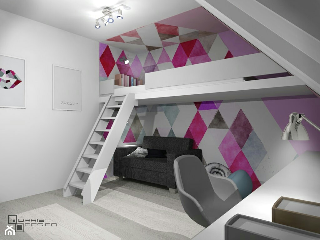 Projekt wnętrza domu jednorodzinnego z poddaszem użytkowym - Średni biały fioletowy różowy szary pok ... - zdjęcie od Darien Design - Homebook