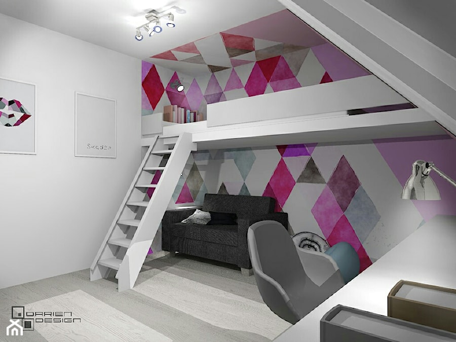 Projekt wnętrza domu jednorodzinnego z poddaszem użytkowym - Średni biały fioletowy różowy szary pokój dziecka dla nastolatka dla dziewczynki, styl minimalistyczny - zdjęcie od Darien Design