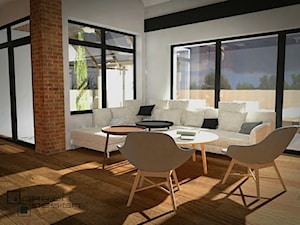 Projekt wnętrza domu jednorodzinnego - Średni biały salon z jadalnią, styl industrialny - zdjęcie od Darien Design