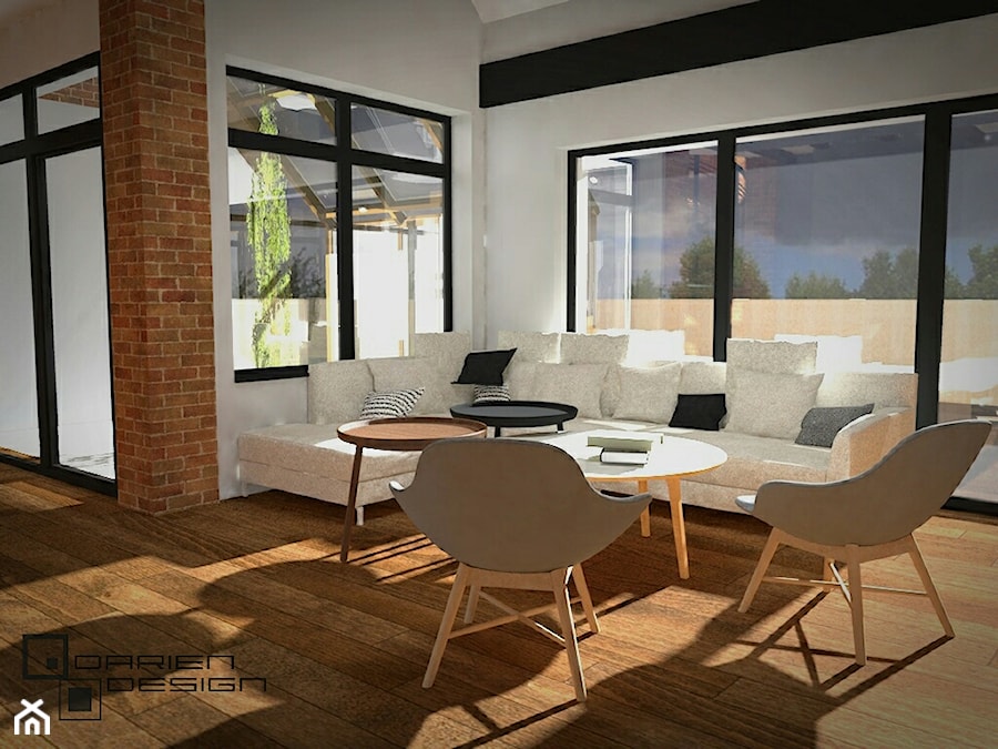 Projekt wnętrza domu jednorodzinnego - Średni biały salon z jadalnią, styl industrialny - zdjęcie od Darien Design