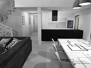 Projekt wnętrza domu jednorodzinnego z poddaszem użytkowym - Średnia biała jadalnia w salonie w kuchni, styl minimalistyczny - zdjęcie od Darien Design