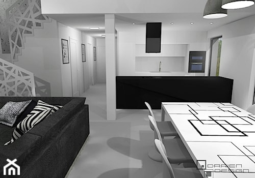 Projekt wnętrza domu jednorodzinnego z poddaszem użytkowym - Średnia biała jadalnia w salonie w kuchni, styl minimalistyczny - zdjęcie od Darien Design