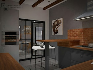 Projekt wnętrza domu jednorodzinnego - Średnia zamknięta szara z zabudowaną lodówką kuchnia w kształcie litery g, styl industrialny - zdjęcie od Darien Design