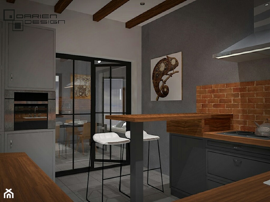 Projekt wnętrza domu jednorodzinnego - Średnia zamknięta szara z zabudowaną lodówką kuchnia w kształcie litery g, styl industrialny - zdjęcie od Darien Design