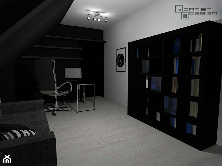 Projekt wnętrza domu jednorodzinnego z poddaszem użytkowym - Średnie w osobnym pomieszczeniu z sofą białe czarne biuro, styl minimalistyczny - zdjęcie od Darien Design