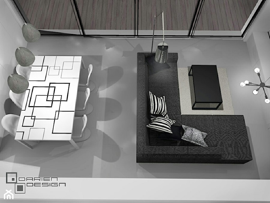 Projekt wnętrza domu jednorodzinnego z poddaszem użytkowym - Średni szary salon z jadalnią, styl minimalistyczny - zdjęcie od Darien Design