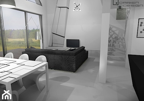 Projekt wnętrza domu jednorodzinnego z poddaszem użytkowym - Duży biały salon z jadalnią, styl minimalistyczny - zdjęcie od Darien Design