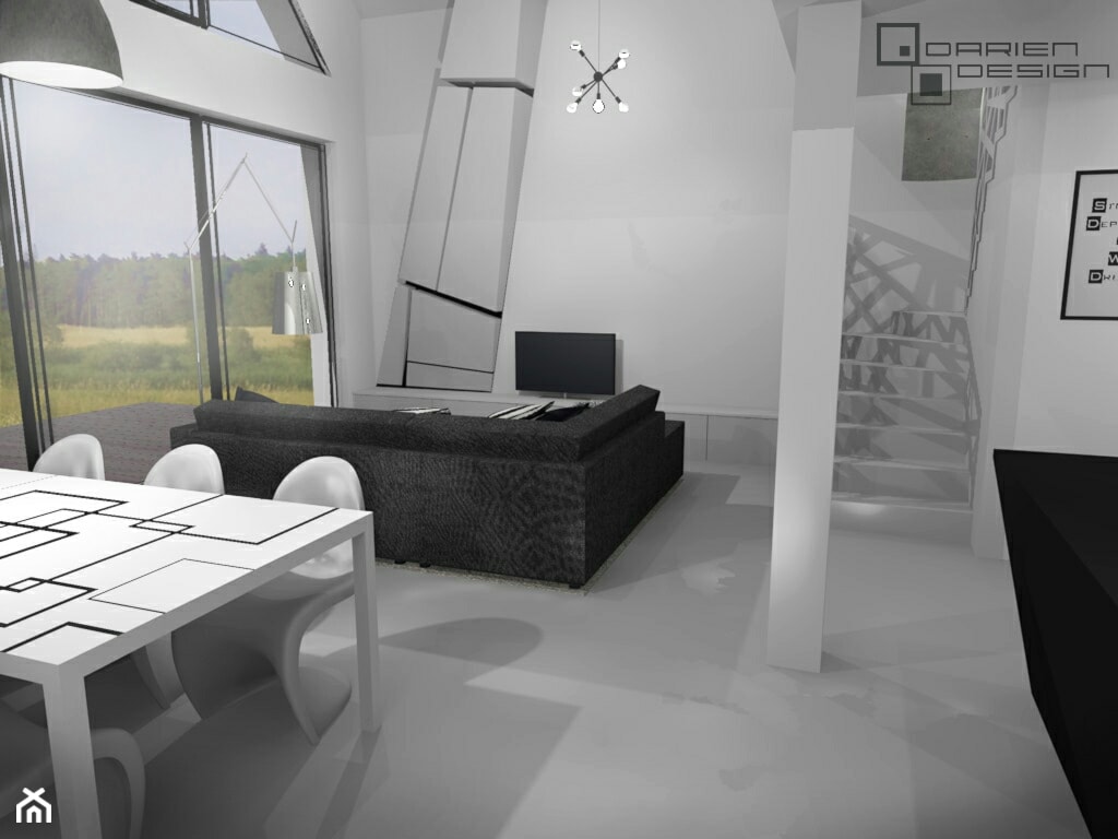 Projekt wnętrza domu jednorodzinnego z poddaszem użytkowym - Duży biały salon z jadalnią, styl mini ... - zdjęcie od Darien Design - Homebook