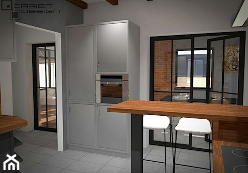Projekt wnętrza domu jednorodzinnego - Średnia otwarta biała z zabudowaną lodówką kuchnia w kształcie litery g, styl industrialny - zdjęcie od Darien Design