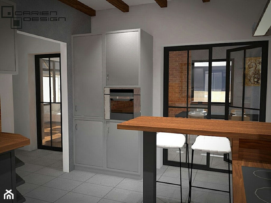 Projekt wnętrza domu jednorodzinnego - Średnia otwarta biała z zabudowaną lodówką kuchnia w kształcie litery g, styl industrialny - zdjęcie od Darien Design