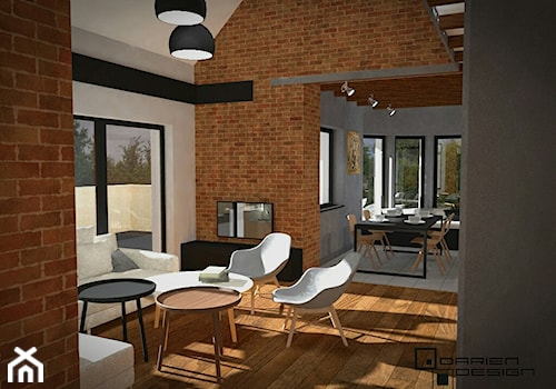 Projekt wnętrza domu jednorodzinnego - Duży szary salon z jadalnią, styl industrialny - zdjęcie od Darien Design