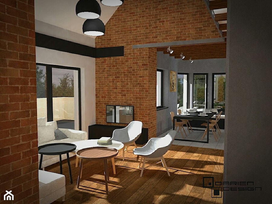 Projekt wnętrza domu jednorodzinnego - Duży szary salon z jadalnią, styl industrialny - zdjęcie od Darien Design