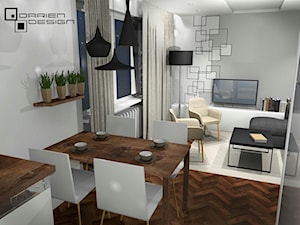 Projekt wnętrza mieszkania w poznańskim bloku - Średnia biała szara jadalnia w salonie w kuchni, styl nowoczesny - zdjęcie od Darien Design