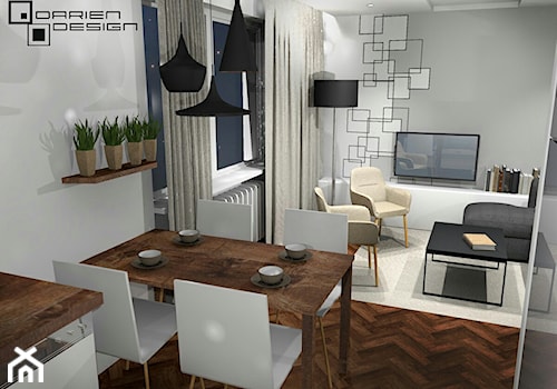 Projekt wnętrza mieszkania w poznańskim bloku - Średnia biała szara jadalnia w salonie w kuchni, styl nowoczesny - zdjęcie od Darien Design