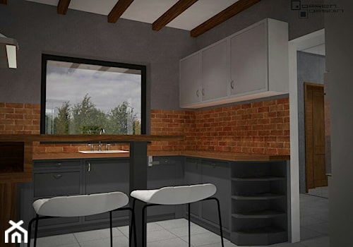 Projekt wnętrza domu jednorodzinnego - Średnia zamknięta szara z zabudowaną lodówką z nablatowym zlewozmywakiem kuchnia w kształcie litery g z oknem, styl industrialny - zdjęcie od Darien Design