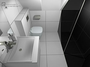 Projekt wnętrza domu jednorodzinnego z poddaszem użytkowym - Mała na poddaszu łazienka z oknem, styl minimalistyczny - zdjęcie od Darien Design